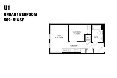 Floor plan for 1 bed, 1 bath, 514 sqft
